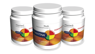 Plantina supplementen, drie potten Vitamine C, Multi en Vitamine D